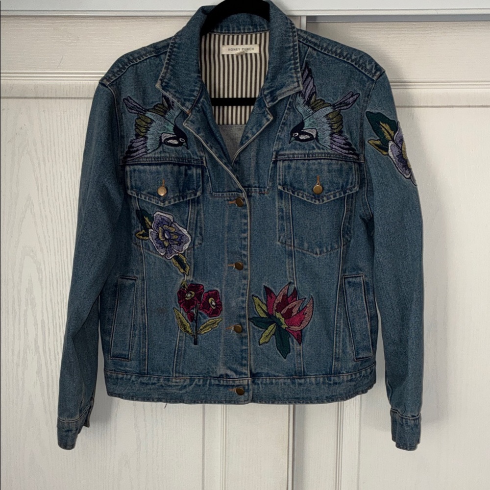 Honey Punch Blue Denim Jacket with Multicolor Floral & Bird Embroidery